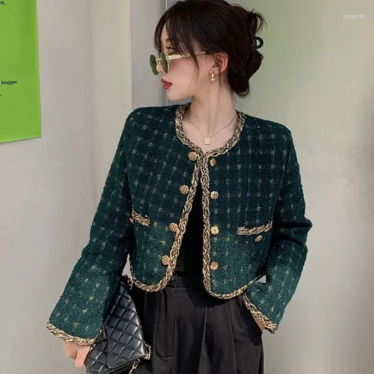 Damenjacken Schöne Frauen Elegante Plaid Tweed Oberbekleidung Frühling Rundhals Einreiher Mischungen Wolle Weibliche Langarm Kurze Jacke Mantel