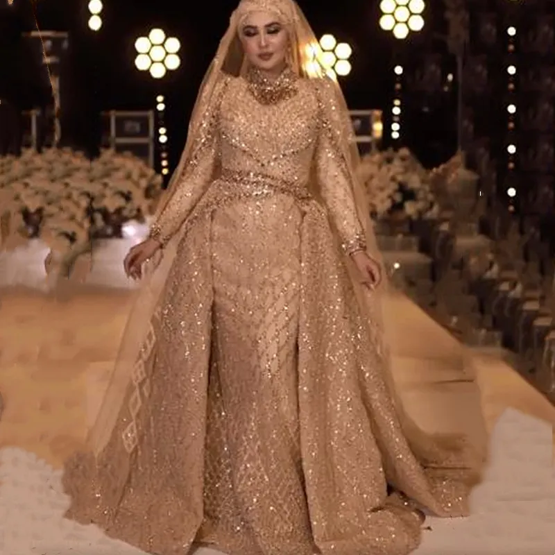 Glitter Gold Sequined Formal Evening Dresses Crystals Beaded High Neck Long Sleeves Elegant Saudi Arabic Muslim Prom Occasion Gowns For Women