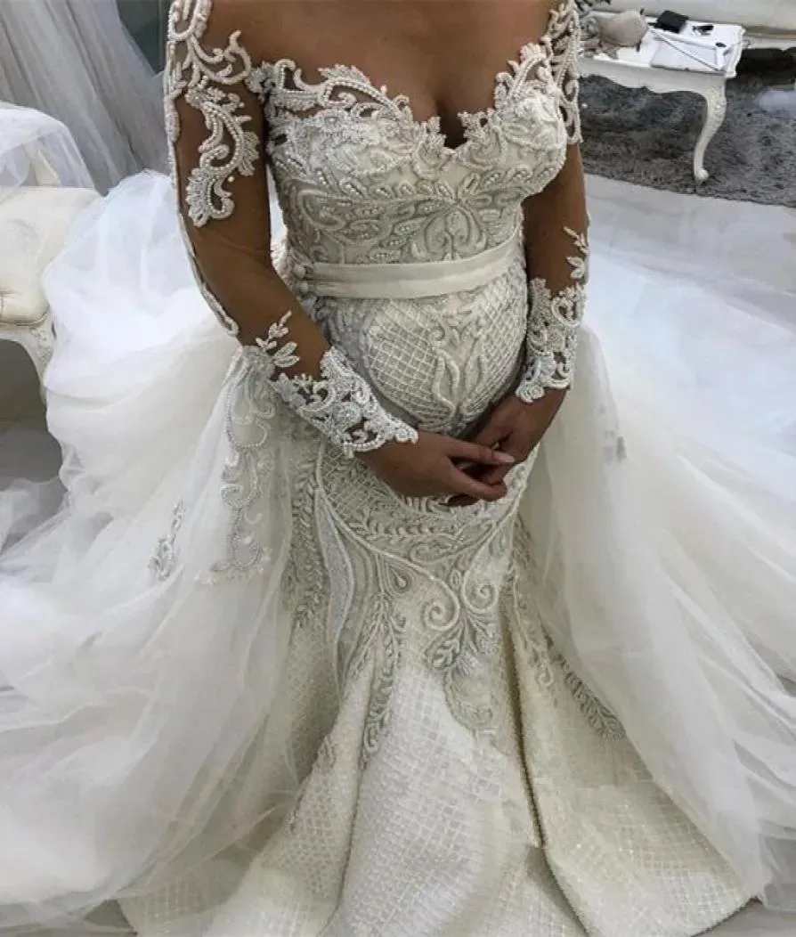 Gorgeous Sleeves 2023 Long Mermaid Wedding Dresses Bridal Gown Lace Applique Beaded with Detachable Train Ruffles Custom Made Vestidos De Novia Plus Size