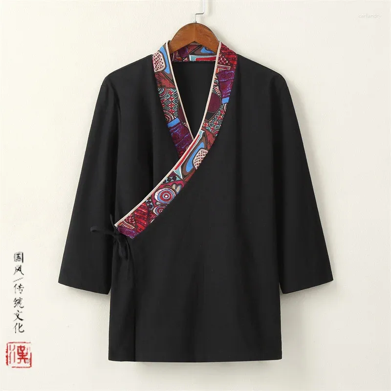 Herrenjacken # 4241 Schwarz Blau Khaki Kimono Jacke Männer V-Ausschnitt Vintage Mantel Männlich Langarm Strickjacke Baumwolle Leinen 5XL Frühling Herbst