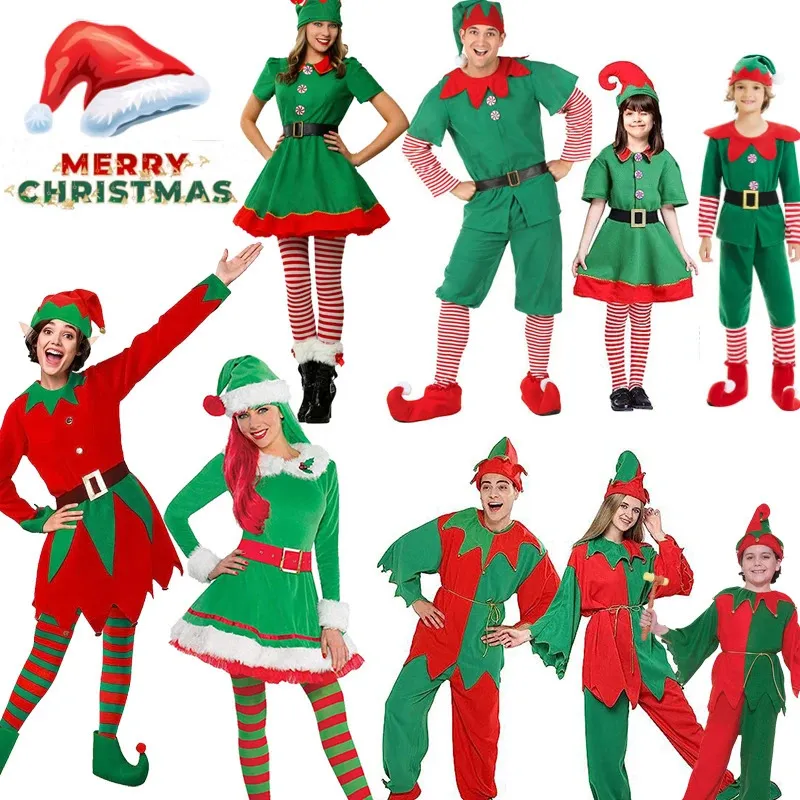 Family Matching Outfits Boys Girls Christmas Green Elf Costume Xmas Santa Claus Dress For Men Women Cosplay Party Sets 231113