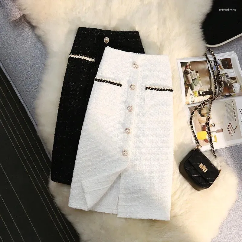 Kjolar chaney eleganta tweed-knappar fickor vit knä längd kontor lady hög midja a-line blyerts faldas para mujeres