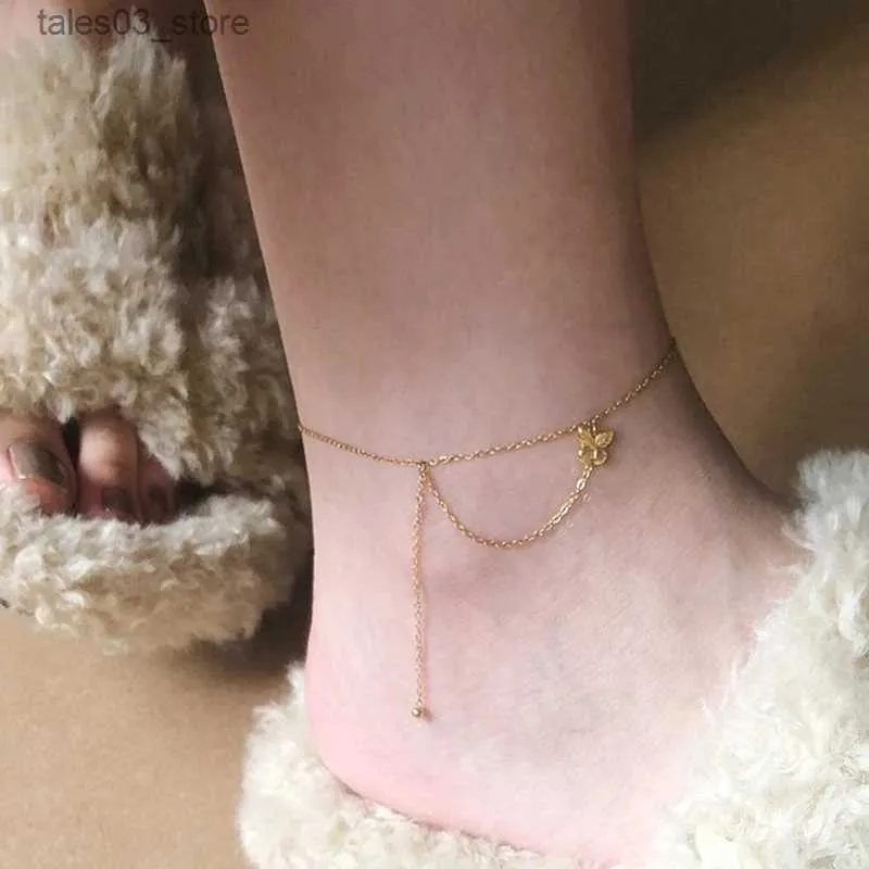 Anklets 18K Gold Plated Stainless Steel Mini Butterfly Pendant Ankle Bracelet for Women Waterproof Summer Beach Foot Jewelry Q231113