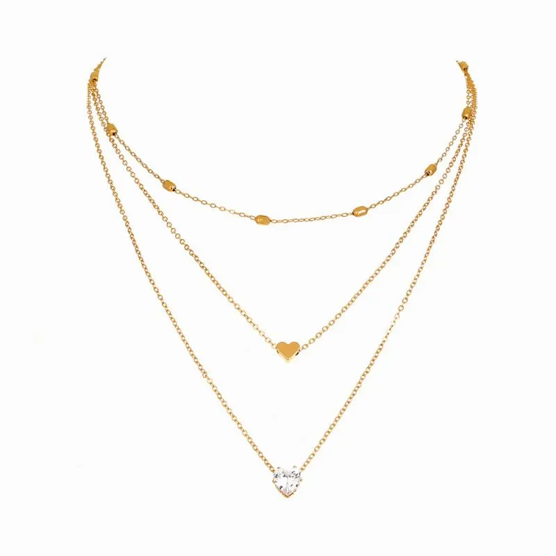 Catene Designer Ispirato 3 strati Tono oro Cuore d'amore Cristalli Collane con colletto girocollo con perline in pietra per le donne