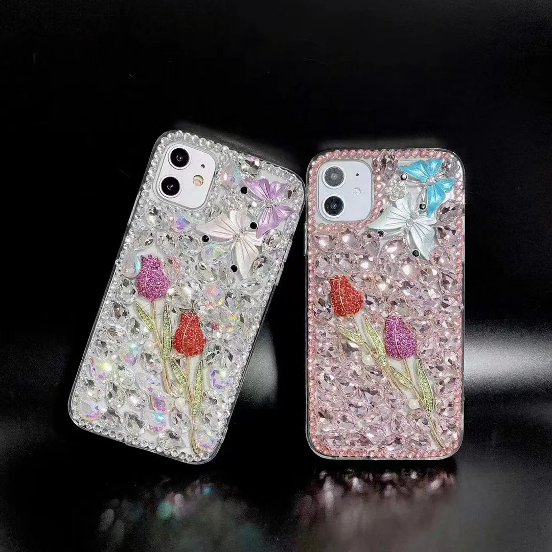 Bling Diamond Cases pour iPhone 15 Pro Max 14 Plus 13 12 11 X XR XS 8 7 6 SE2 Luxe 3D Rose Floral Fleur Cristal Acrylique Dur PC Plastique Souple TPU Strass Filles Couverture de Téléphone