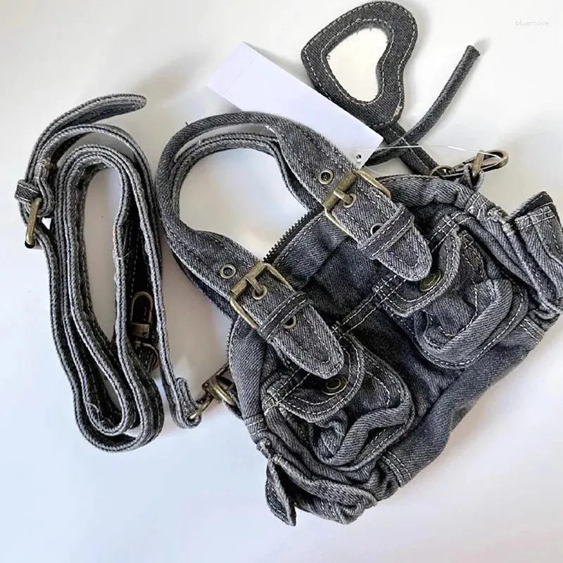 Shoulder Bags Vintage Y2k Crossbody For Women Washed Denim Mini Handbags Casual Streetwear Moto & Biker Multiple Pockets