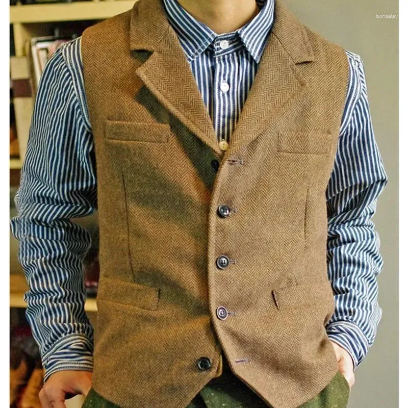 Gilet da uomo Abito da uomo Marrone Classico Steampunk Tweed di lana Tacca con risvolto Gilet spesso per gilet da banchetto per lo sposo