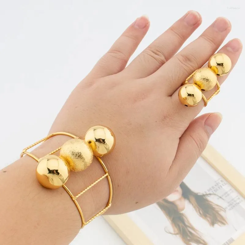 Necklace Earrings Set Brazilian Gold Color Bangle Ring For Women Beads Design Cuff With Finger Dubai Bridal Engagement Party Gift