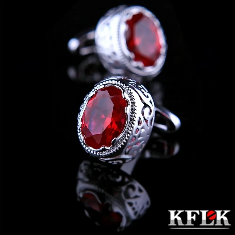 Manşet bağlantıları kflk mücevher fransız gömlek manşet erkek için tasarımcı markası kırmızı kristal manşet bağlantı düğmesi yüksek kaliteli lüks düğün konukları 230412