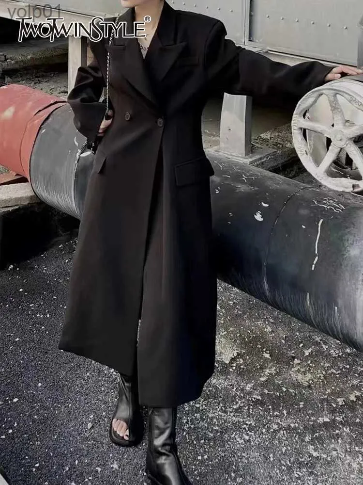 Women's Trench Coats TWOTWINSTYLE Elegant Black Trench Coat For Women Lapel Long Sle Double Breasted Solid Minimalsit Coats Fe Clothing 2022L231113