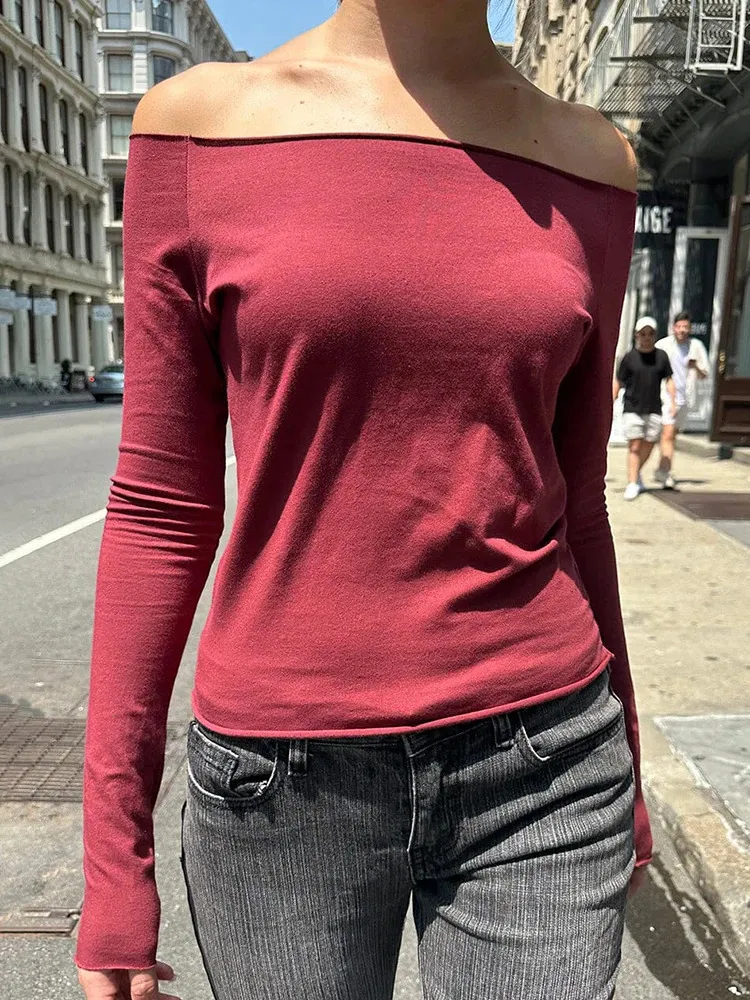 여자 S T 셔츠 빈티지 솔리드 라이 그 트림 티셔츠 여자 가을 섹시한 슬래시 목면 긴 슬리브 티 세련