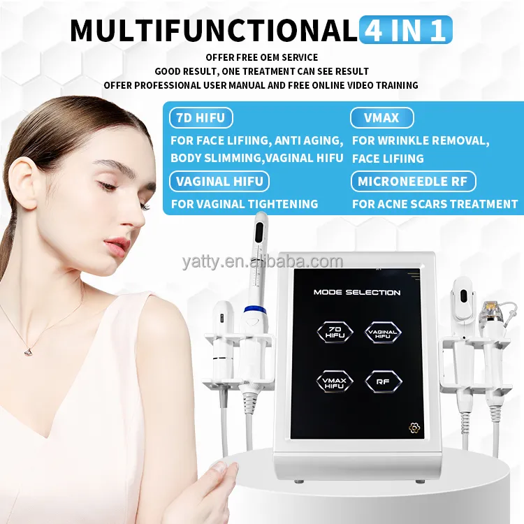 Máquina hifu multifuncional 4 em 1 equipamento de beleza para fortalecimento da pele com microagulha de RF, Vmax, hifu vaginal, hifu 7D, antienvelhecimento, remoção de estrias