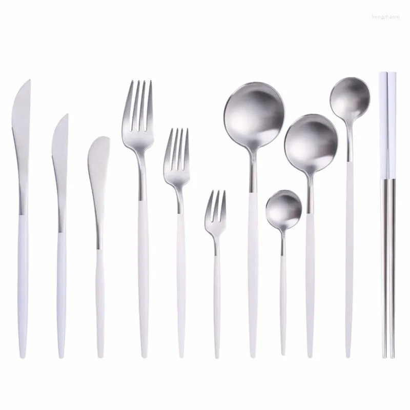 Servis uppsättningar bestick set rostfritt stål gaffel knivsked vit silver västra te dessert köksredskap