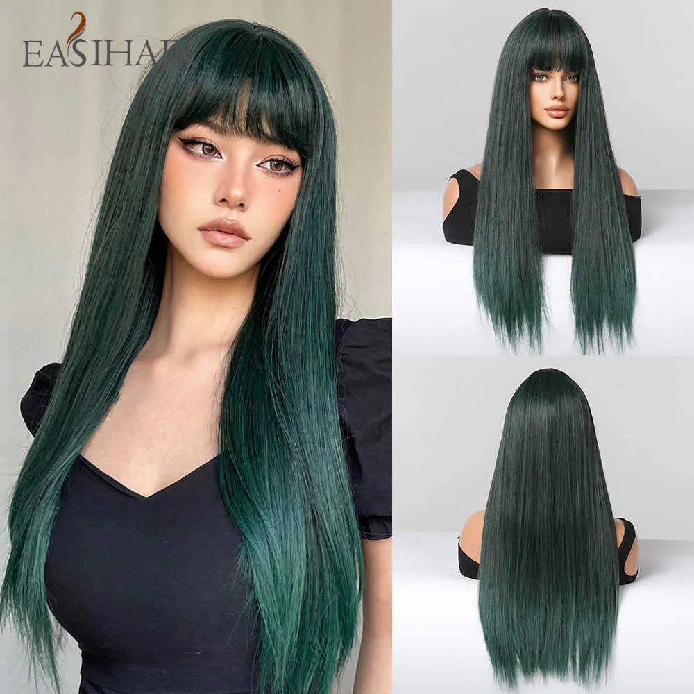 Synthetic Wigs Easihair Long Straight Green Ombre Synthetic Wigs with Bangs for Women Colorful Cosplay Natural Hair Wig Heat Resistant Fiber 230227