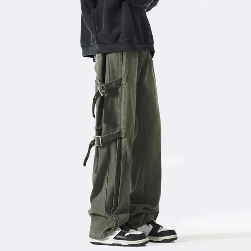 Men's Pants Hip-hop Style Overalls Stylish Mid-rise Cargo With Side Buckle Design Straight Wide Leg For Long-lasting Boys