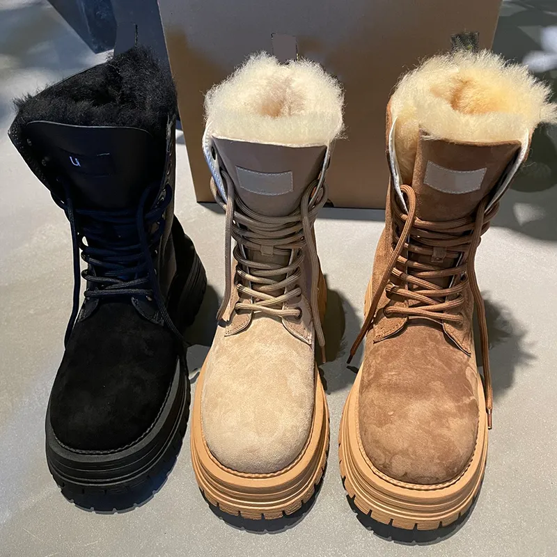 23 Hiver nouvelles bottes à fond plat femmes célèbres concepteur à lacets marque chaude bottes de neige en cuir véritable tête ronde semelle épaisse augmenter anti-dérapant dames botte de neige