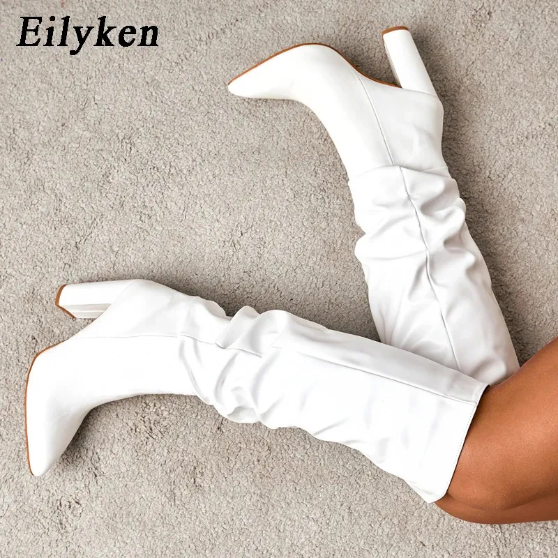 Chaussures de robe Eilyken Mode Blanc Noir Femmes Genou Haute Bottes Sexy Bout Pointu Talons Carrés Dames Longue Slip Sur Femme Chaussures Taille 35-42 231113