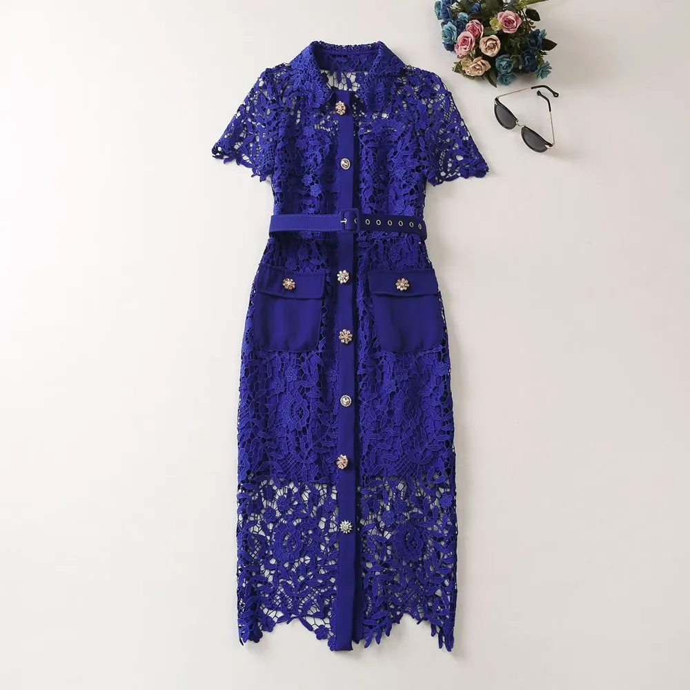 floral lace belted dress High Quality Crochet Lace Belted Flower Print Long Sleeve Bohemian Dress Green / XXL
