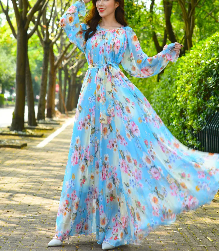 Ethnic Clothing Maxi Dress Floral Printed Loose Chiffon Fashion Abaya Islamic Clothes Muslim Female Saudi Arabia Dubai Kaftan Long Summer 230412