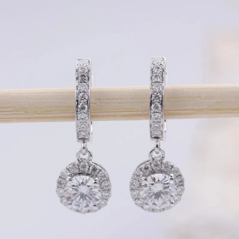 Pendientes colgantes de oro blanco de 18K para mujer, aretes, regalo, 1ct, piedra moissanita redonda Total, joyería de gota de diamante para regalo