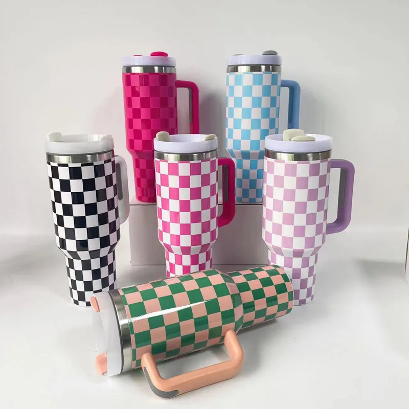 40oz Tumblers Cups With Handle Insulated Stainless Steel Tumbler Adventure Quencher Lids And Straw Plaid Car Mugs Vacuum Insulated Water Bottles Coffee Tumbler Y2