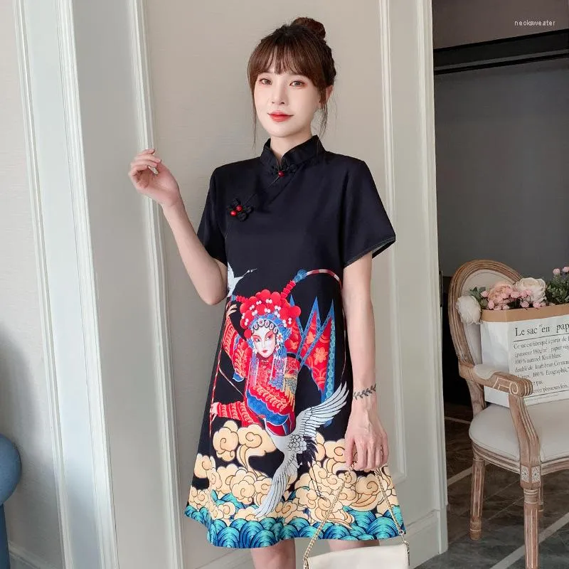 Etniska kläder fzslcyiyi traditionell kinesisk peking opera tryck kort ärm mode modern trend cheongsam klänning för kvinnor qipao kläder