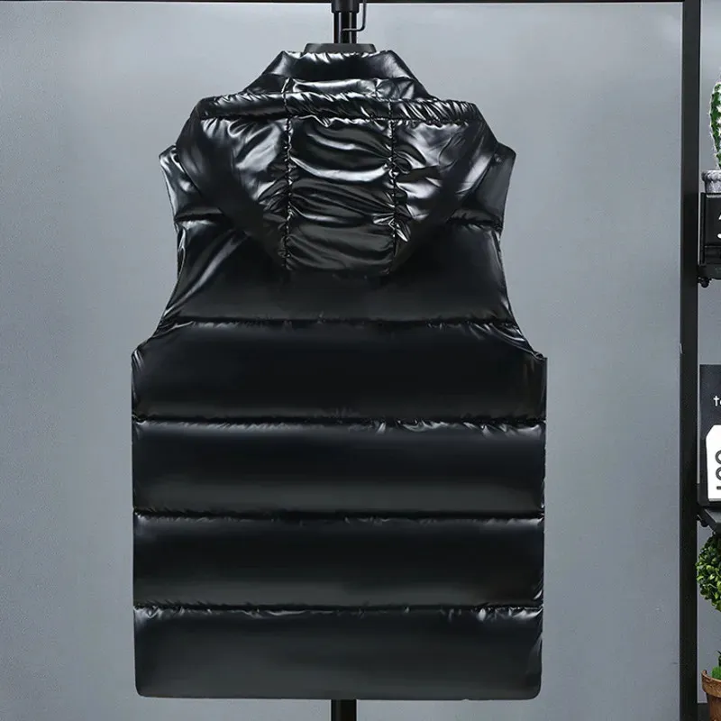 Men's Vests #3623 Black Grey Casual Waistcoat With Hooded Autumn Winter Shiny Surface Mens Warm Vest Bodywarmer_voghion.com
