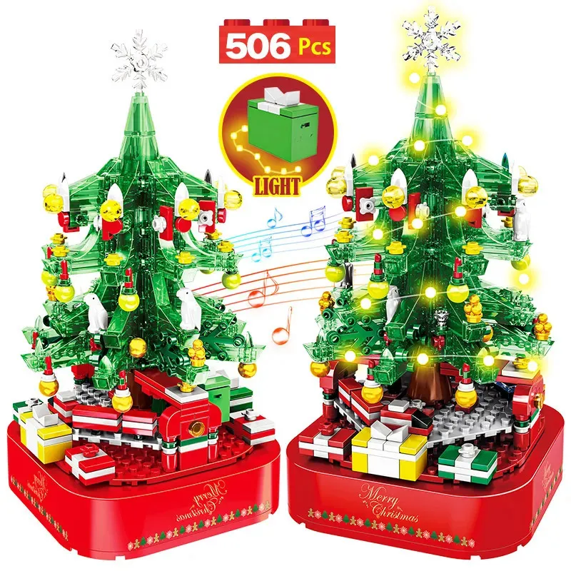 Blocs Ville Arbre de Noël Rotation Boîte à Musique Bâtiment Amis Père Noël LED Lumière Brillant Briques De Noël Jouets Pour Enfants Filles 231114