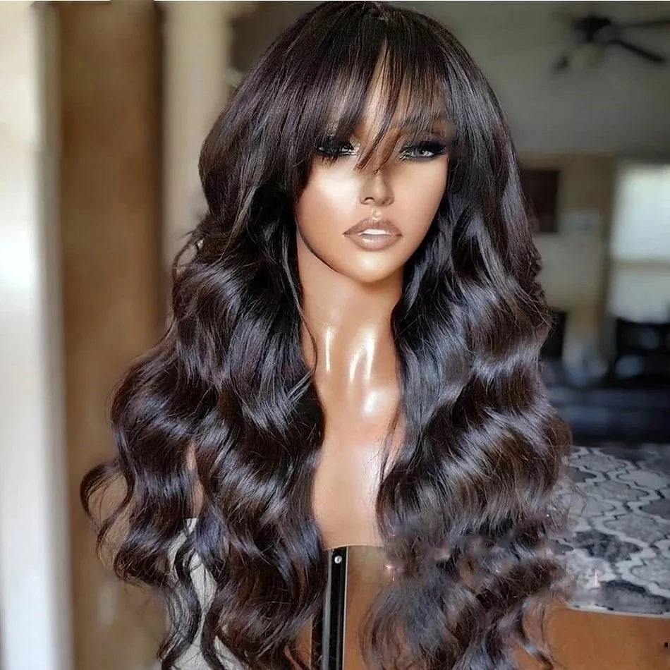 200 180 densidade de onda corporal brasileira Fringe Wig Hair Simulaiton Human Hair Wig com franja Nenhuma perucas frontais de renda cheia