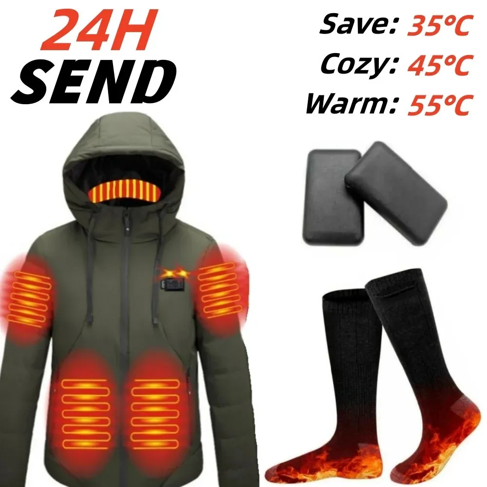 Herren Daunenparkas, elektrisch beheizte Jacke, Weste, Socken, Unisex, intelligente Herbst-Winter-warme Kleidung, USB-Outdoor-Sportwesten für Ski-Camping 231114