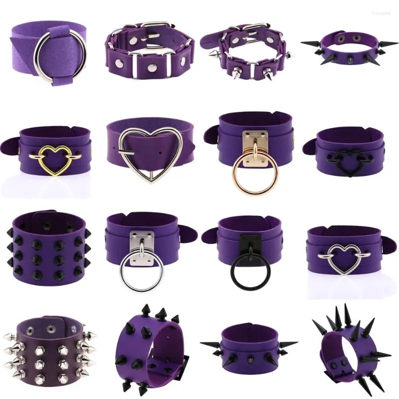 Link Bracelets Purple Goth For Women Punk Boho Emo Spike Rivets PU Leather Charm Bracelet Cuff Bangles Festival Jewelry Party Gifts