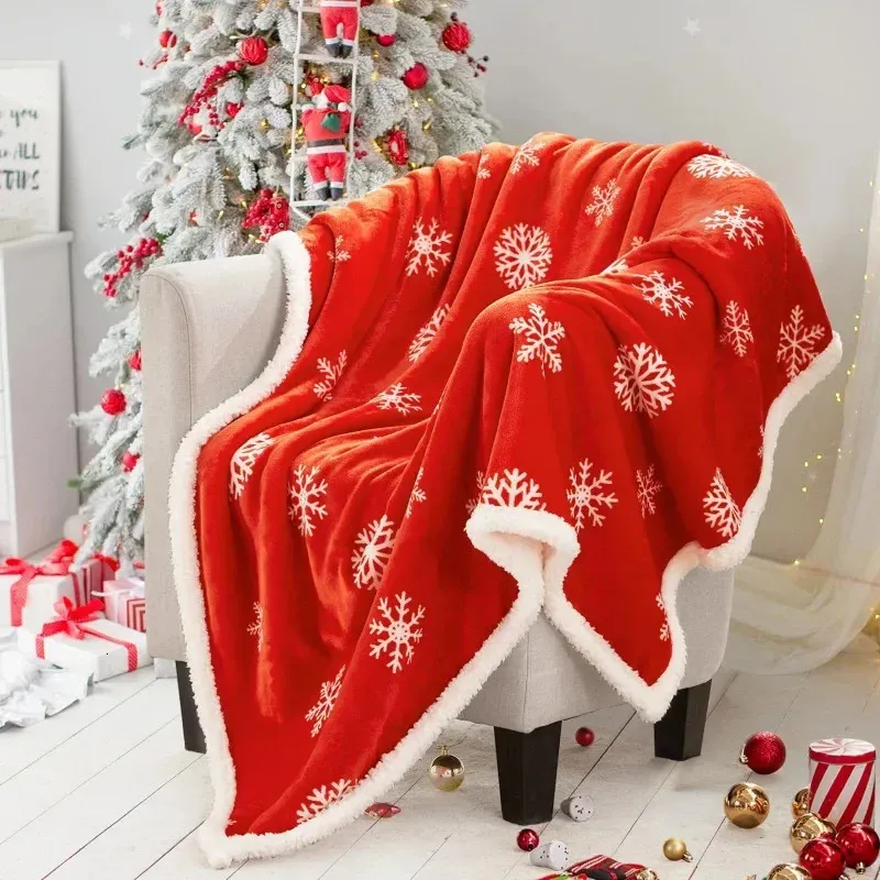 Blankets Christmas Blanket Flannel Lamb Blanket Holiday Snowflakes Reindeer Print Couch Sofa Blanket Red Warm Bed Blanket for Home Decor 231113