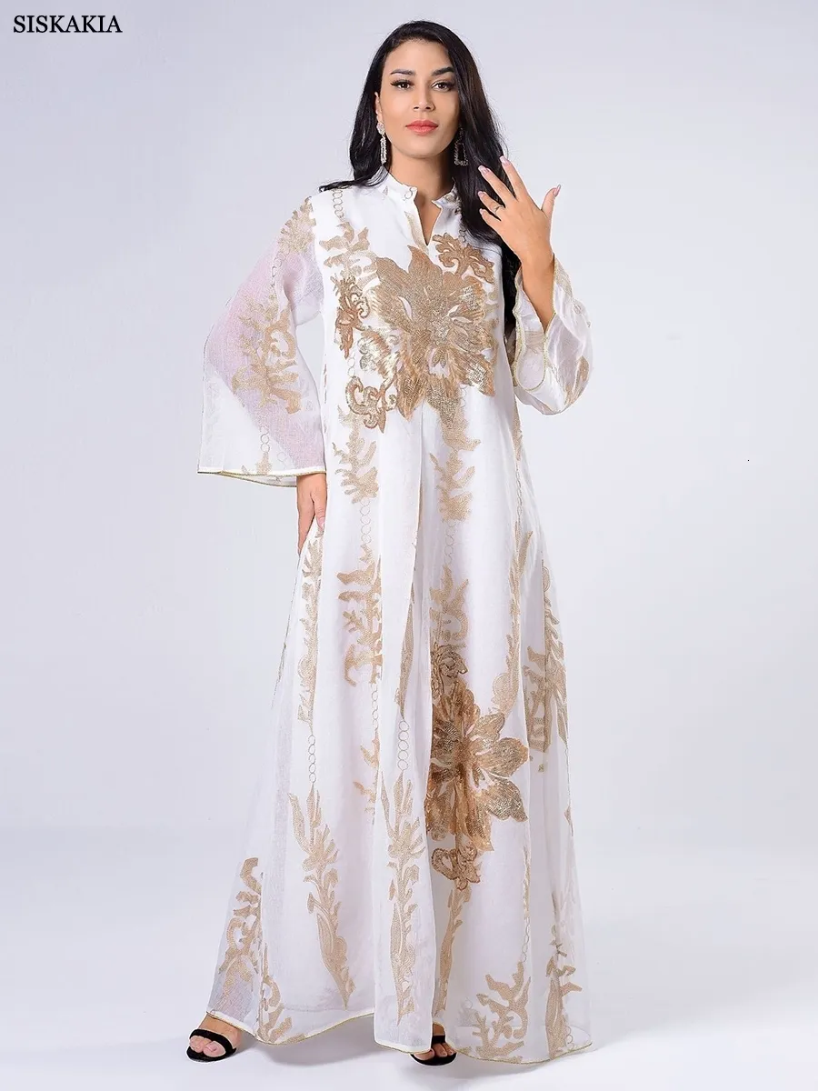 Casual Dresses Siskakia Sequins Embroidered Abaya Dress For Women Moroccan Kaftan Turkey Arabic Jalabiya White Islamic Ethnic Robe Eid 230414