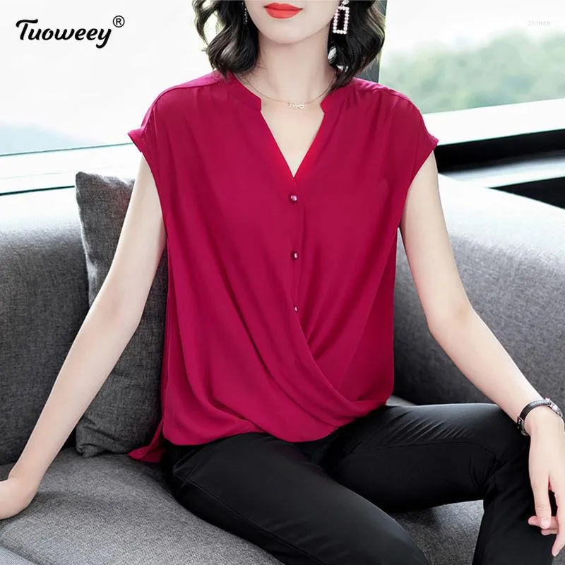 Camicette da donna 2023 Donna Primavera Estate Stile Solido senza maniche Camicie di chiffon larghe Lady Casual Rosso con scollo a V Ruffles Decor Blusas Top