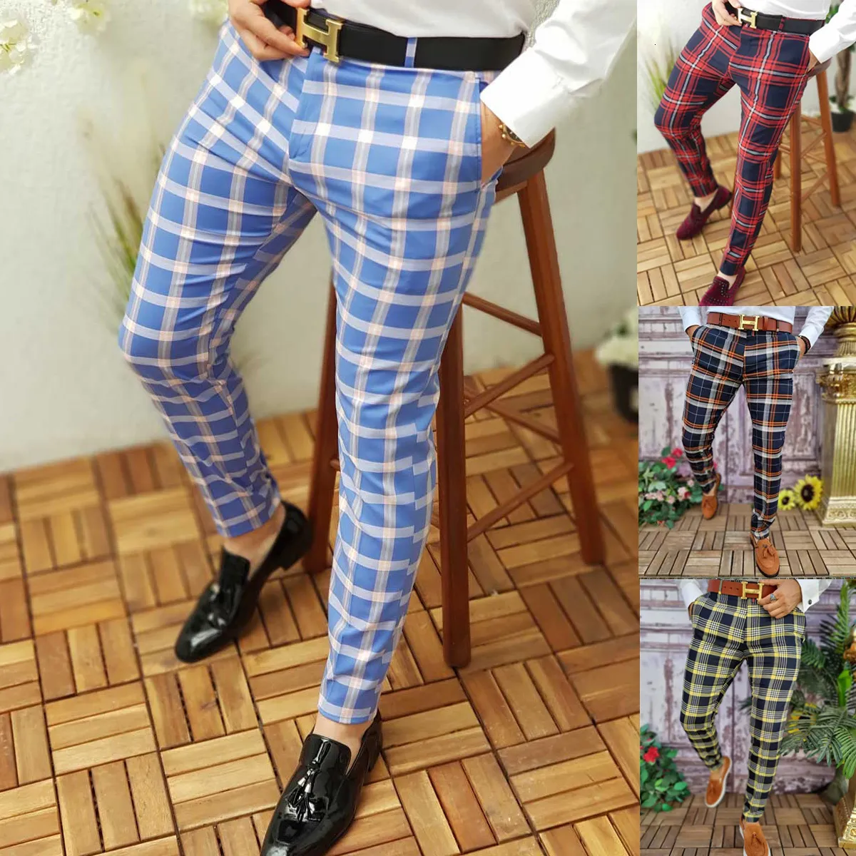Calça masculina masculina de rua para homens calças xadrez de lápis de homens de negócios casuais calças casuais estilo fino e reto Long Pant Pantalon Homme 230414