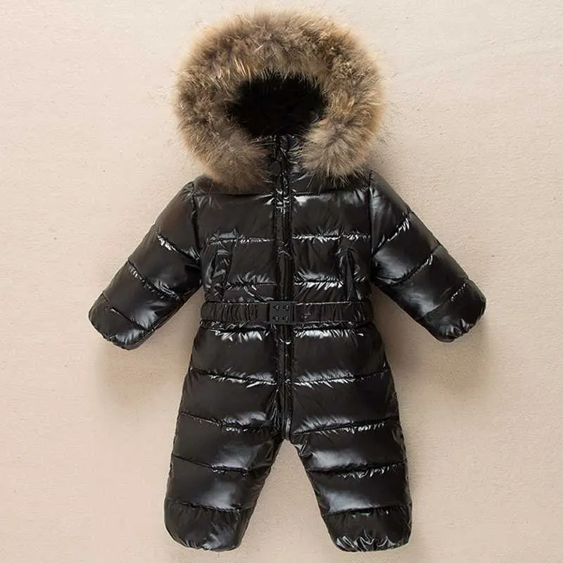 Bébé hiver barboteuses chaud combinaison enfants canard vers le bas salopette Snowsuit enfant en bas âge enfants garçons filles fourrure à capuche barboteuse costume vêtements 201030