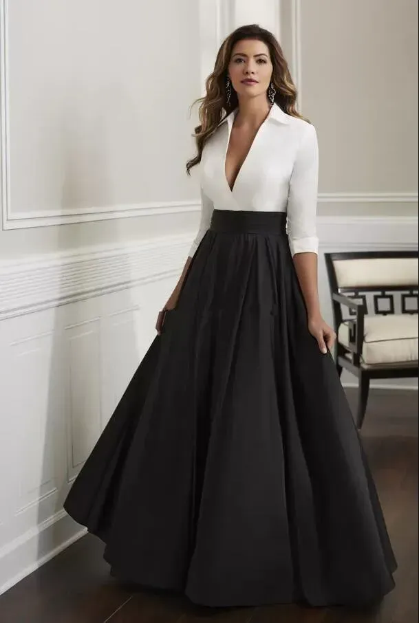 2024 Robes de mère de mariée noires et blanches Une ligne de robes d'invité de mariage simples en satin Longueur de plancher 3/4 manches longues Robe de soirée formelle de maman de marié