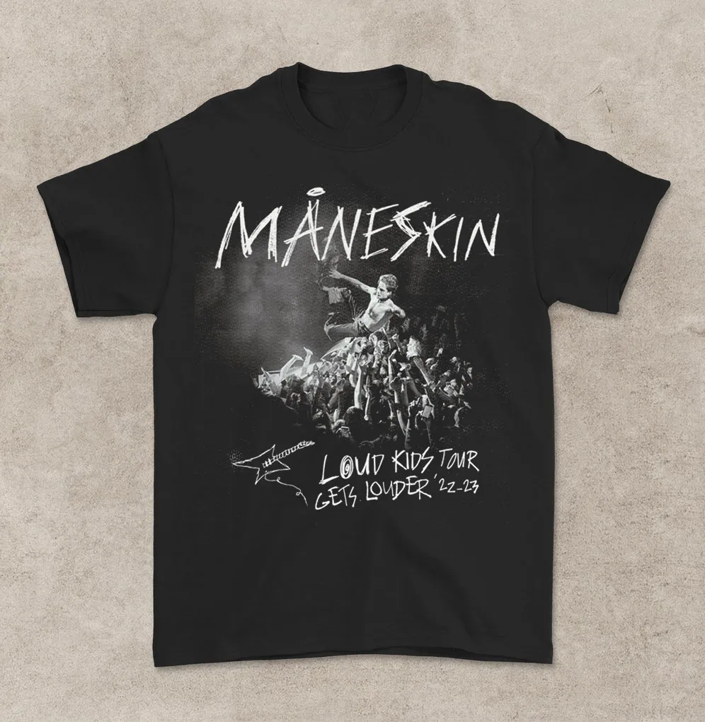Мужские футболки Maneskin Loud Kids on Tour 23 Oneck Cotton Fruth Men Casual с коротким рукавом Tops Camisetas Mujer 230414