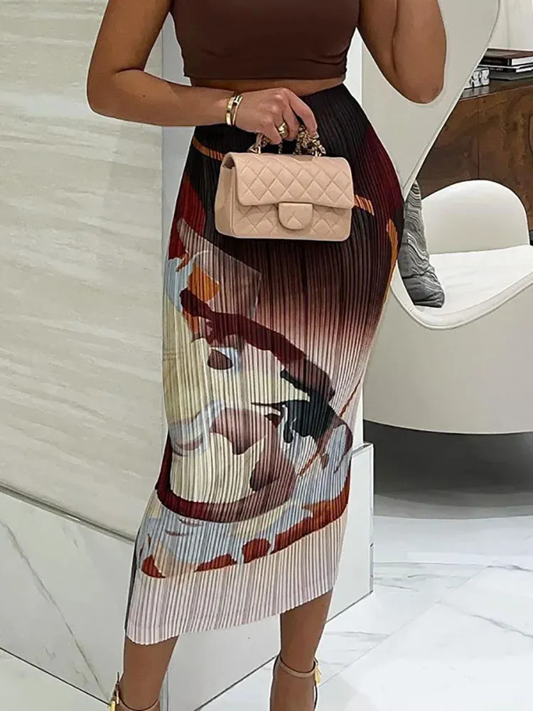 Юбки с винтажным художественным принтом Y2K, облегающая длинная юбка, женская повседневная элегантная юбка средней длины для поездок на работу, трендовые штаны для вечеринок 231113