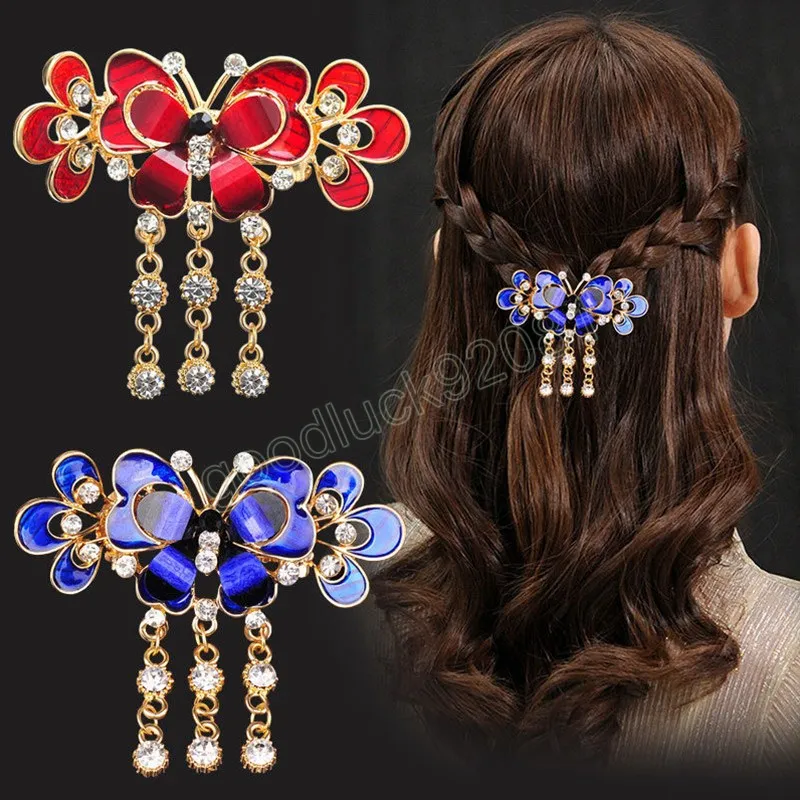 Fashion Crystal Rhinestones Hair Clip Barrettes Butterfly Tassel Hairpins For Women Girls Bridal Ponytail Clips Hair Accessories