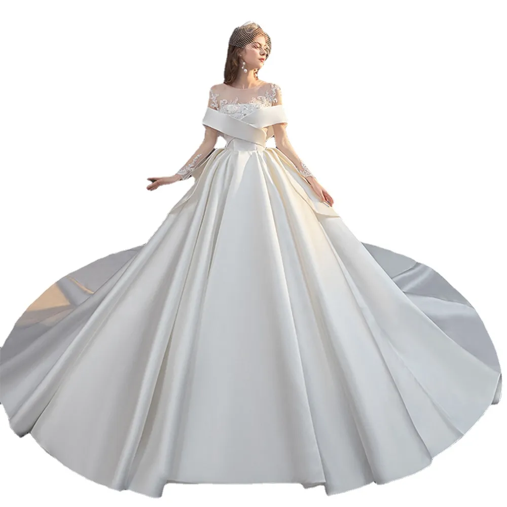Nowe przybysze o szyku zamek błyskawiczny z długim rękawem błyszczące koraliki kryształ wspaniały satynowy suknia balowa suknie ślubne