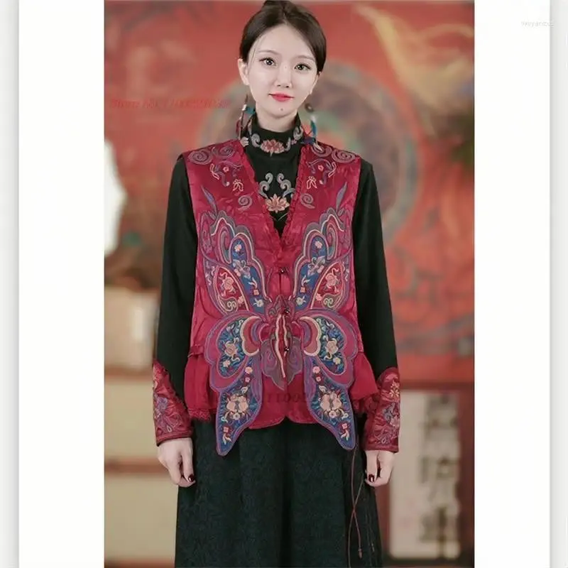 Etnik Giyim 2023 Çin Vintage Gilet Ulusal Çiçek Nakış Saten Jacquard Vest Tang Takım Oryantal V-Neck kolsuz yelek