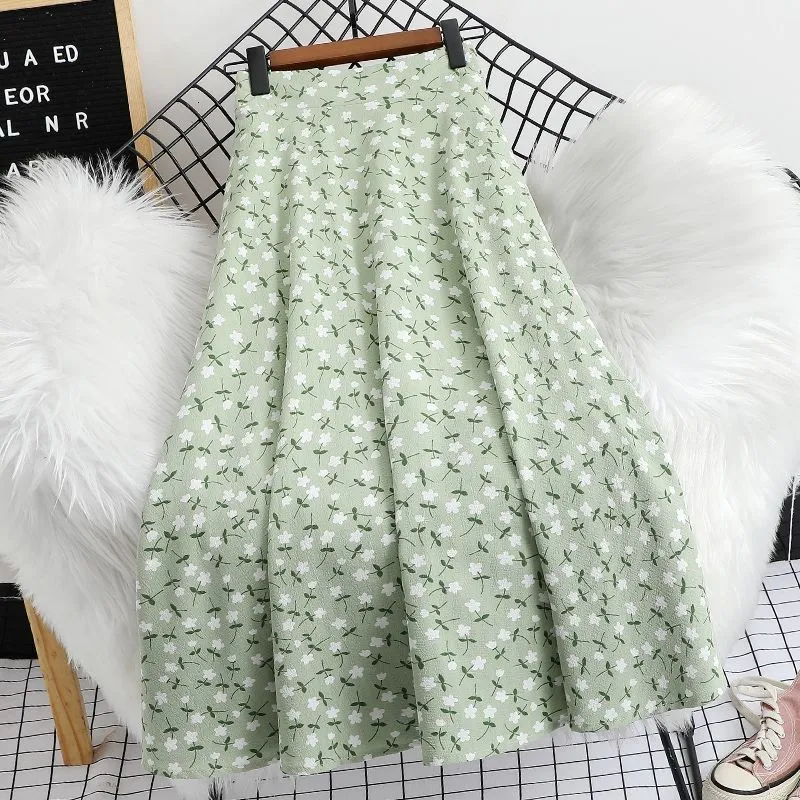 Kjolar sommaren hög midja lång kjol kvinnor koreansk stil mode tryck blommig svart blå grön a-line kjol elegant vintage chiffon skirs 230414