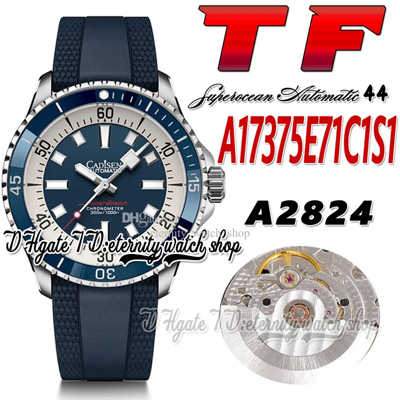 TF Superocean 44 ETA A2824 Montre automatique pour homme A17375E71C1S1 Lunette en céramique Cadran blanc bleu Marqueurs de bâton Boîtier en acier Bracelet en caoutchouc Super Edition Montres d'éternité