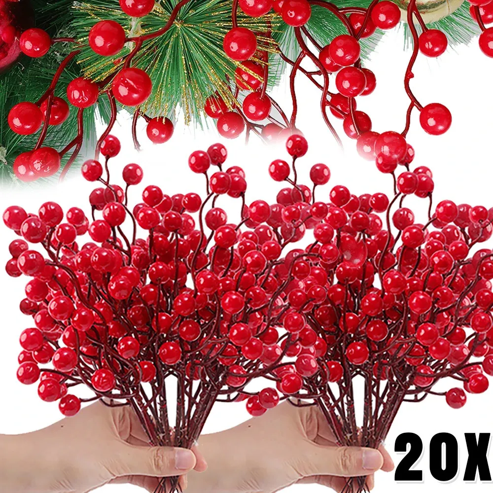 Julekorationer 201PCS Simulation Berries 8 Heads Artificial Red Fruit Cherry Flower Branch Diy Xmas Tree Party Festival 231114