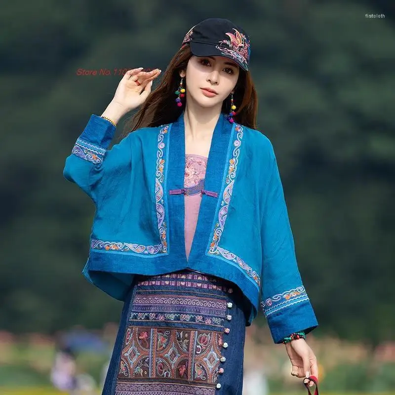 Abbigliamento etnico 2023 Cardigan in lino di cotone stile cinese Giacca da donna retrò Harajuku Tang Giacca da donna Hanfu con ricamo floreale vintage
