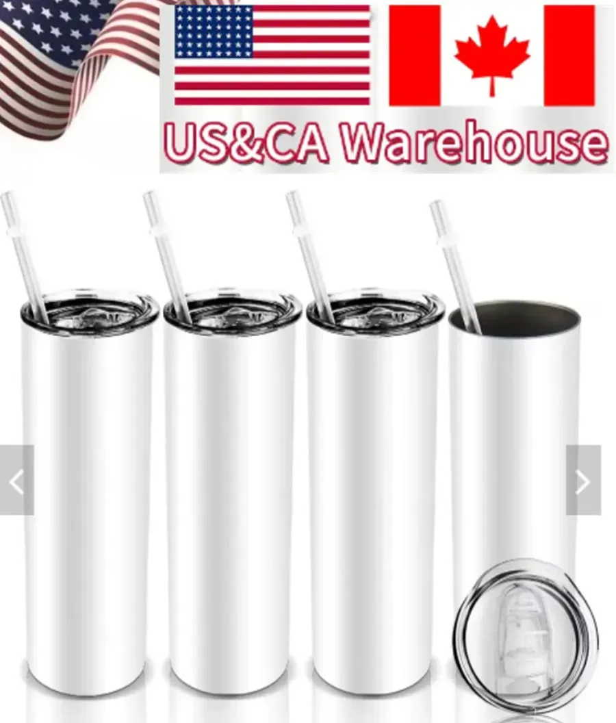 CA US Stocked 25pcs/Carton 20oz Mugs Sublimation Blanks Straight Tumbler Stainless Steel Double Wall Insulated Slim Water Tumbler Cup with Lid and Straw SS0414