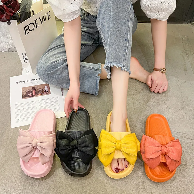 Slippers bow tie Slippers Women Summer Thick Indoor Home Sandals Couples Bathroom Slides Non-slip Soft House Slippers femme 230414