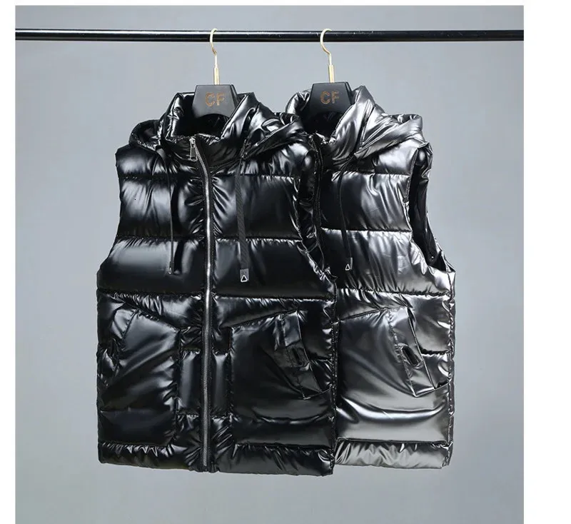 Men's Vests #3623 Black Grey Casual Waistcoat With Hooded Autumn Winter Shiny Surface Mens Warm Vest Bodywarmer_voghion.com