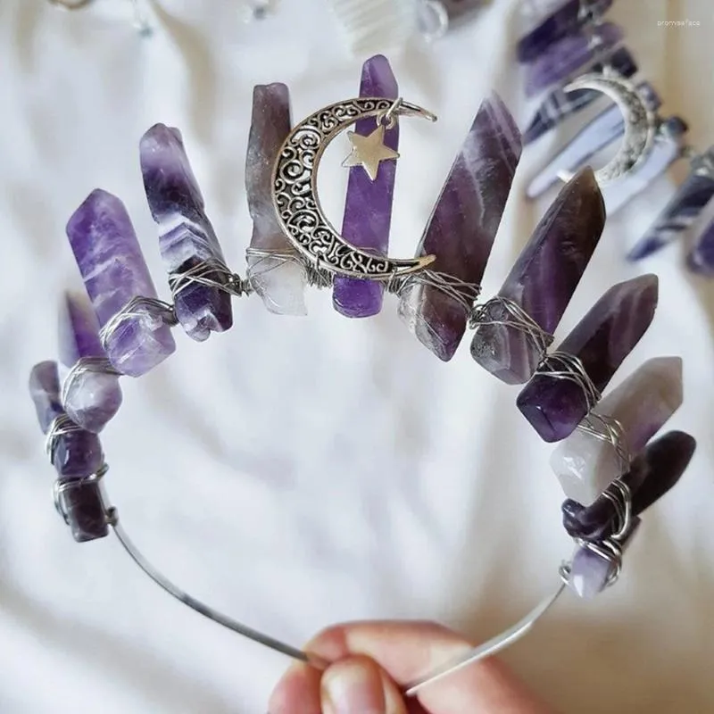 Pinces à cheveux en cristal violet naturel, diadème à Quartz, accessoires de couronne, couvre-chef de mariée, bandeaux pour femmes, bijoux de mode d'halloween, cadeau, épingle à cheveux